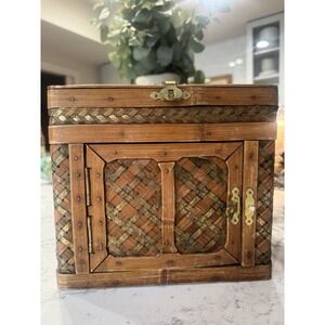 Vintage Bamboo Brass Wood Box Woven Storage Container Handmade Artisan Crafted.
